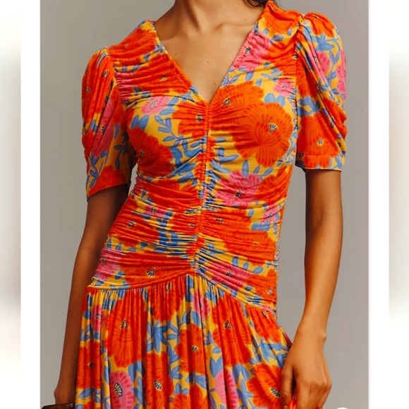 Farm Rio x Anthropologie Short-Sleeve V-Neck Ruched Midi Dress, Size XS - Picture 6 of 12